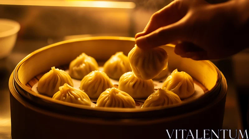 Delicious Dumplings in a Bamboo Steamer AI Image