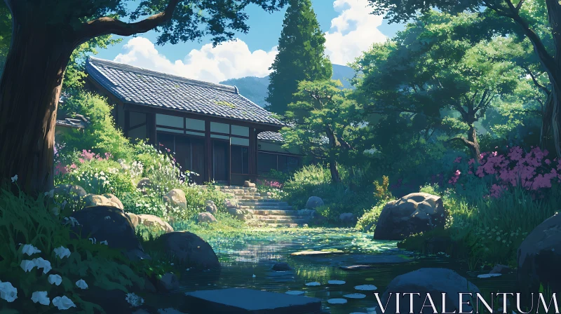 Serene Garden Landscape with Pond and House AI Image