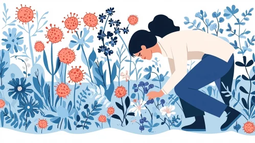 Floral Garden Scene with Woman Gardener