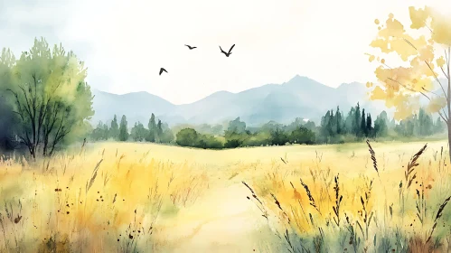 Painted Field Scenery with Birds