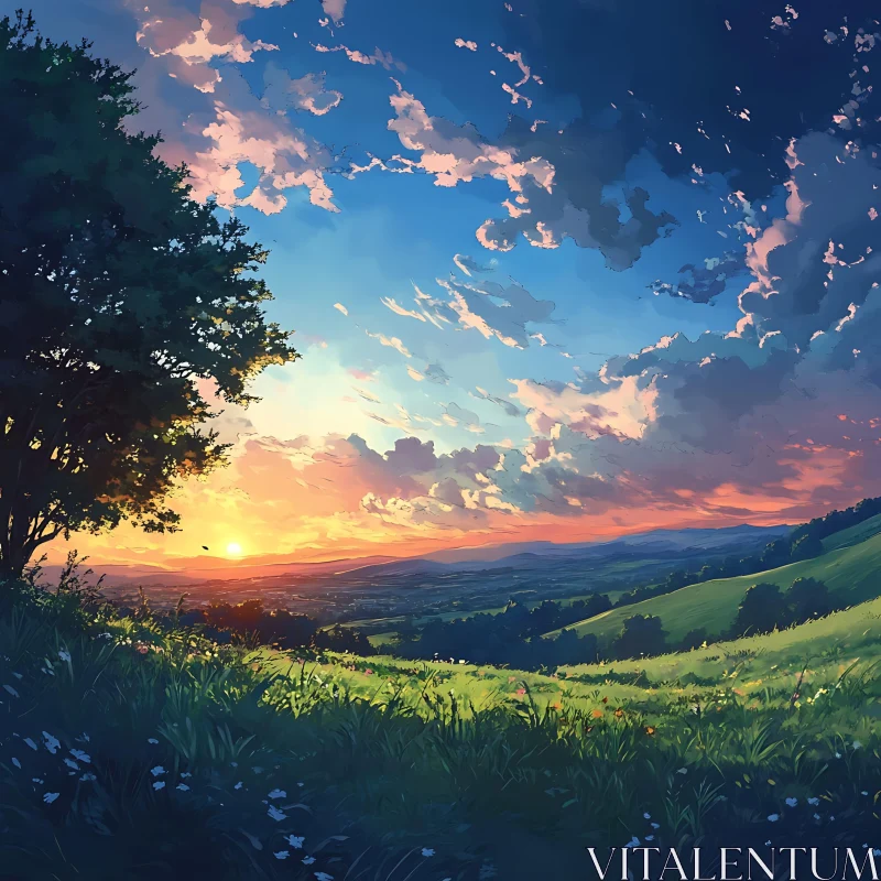 Sunset Meadow Landscape Painting AI Image