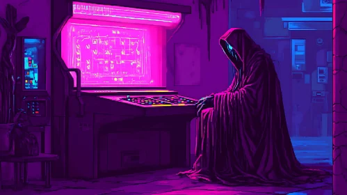 Cloaked Gamer at the Arcade Machine