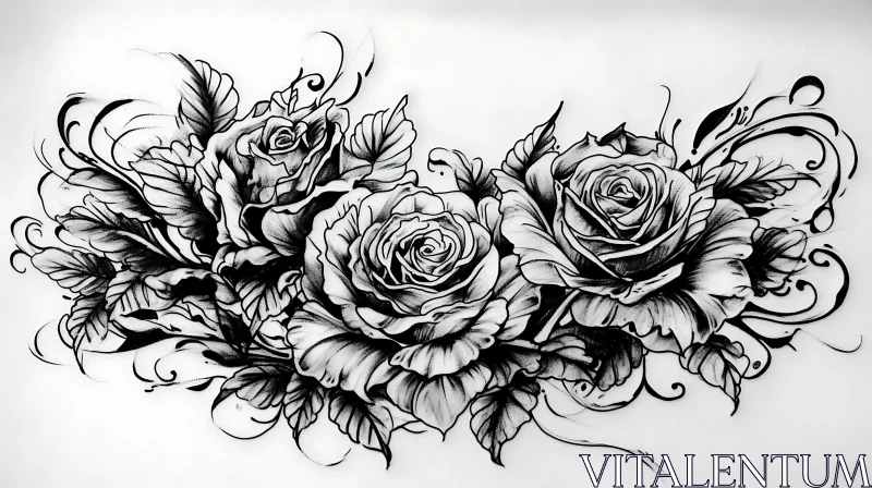 Floral Tattoo Art with Roses in Black and White AI Image