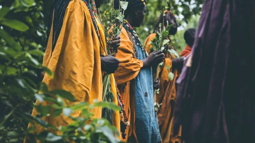 People Holding Leaves in Traditional Garb