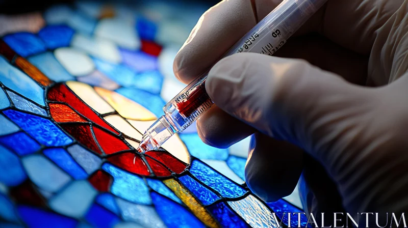 Detailed Stained Glass Creation with Syringe and Gloved Hand AI Image