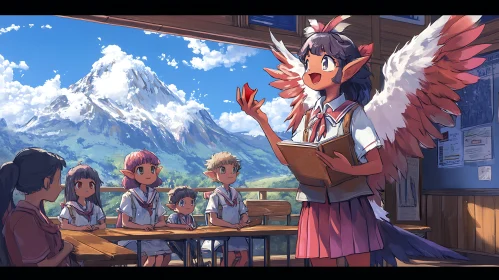 Winged Anime Teacher in Mountain Classroom