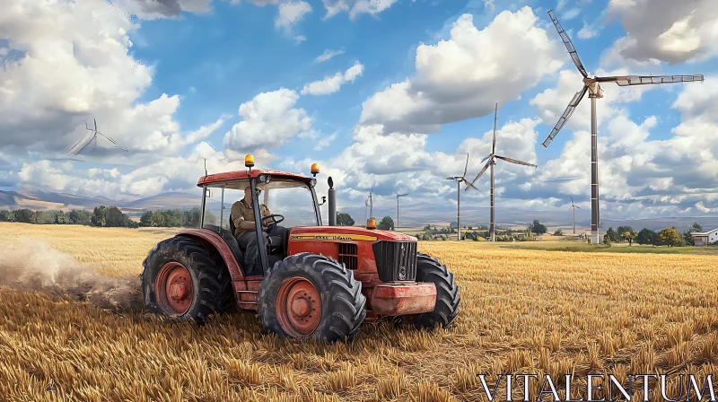 Agricultural Landscape with Tractor and Windmills AI Image