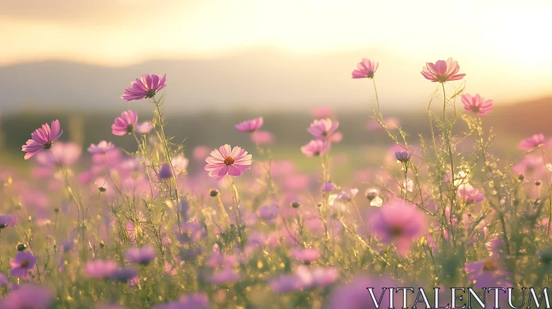 Dreamy Cosmos Flower Landscape AI Image