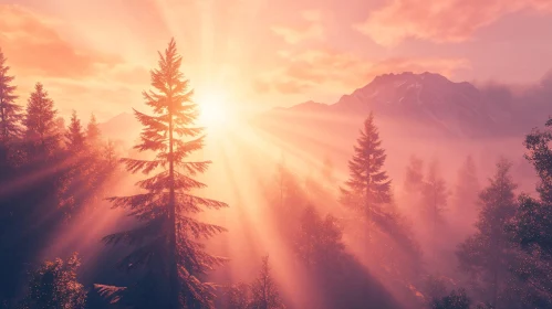 Sunset Radiance over Misty Forest and Mountains