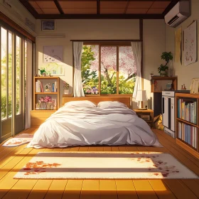 Sunlit Bedroom with Serene Tree View