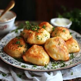 Golden-Brown Savory Dumplings on Decorative Plate