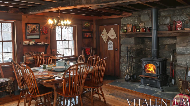 Rustic Dining Room with Cozy Fire AI Image