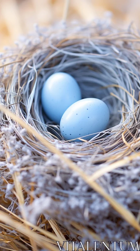 AI ART Blue Bird Eggs in Nest: A Monochromatic Celebration of Nature