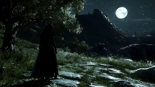 Cloaked Figure Under Moonlight