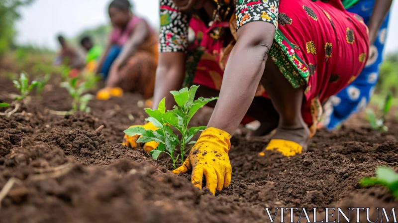 Seedlings Planting by Women in Field AI Image