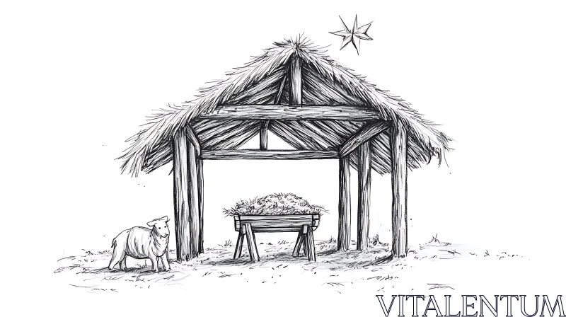 Black and White Nativity Sketch with Sheep AI Image