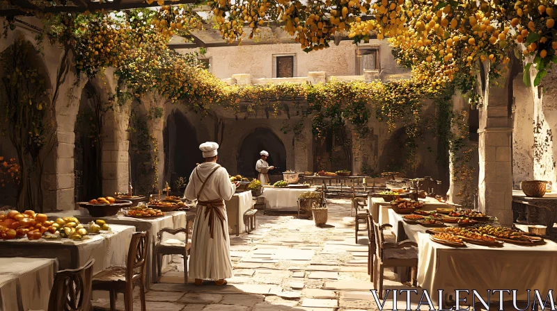 Courtyard Catering with Chefs and Food AI Image