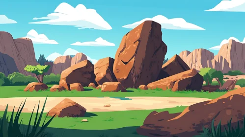 Stylized Rock Formation in Cartoon Landscape