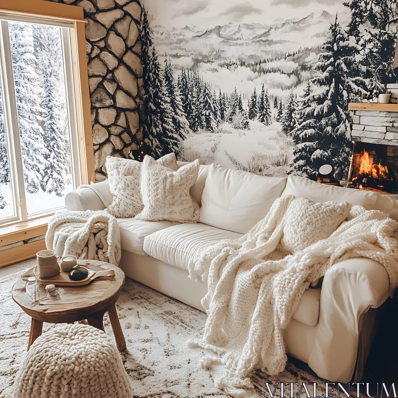 Snowy Mountain Living Room AI Image