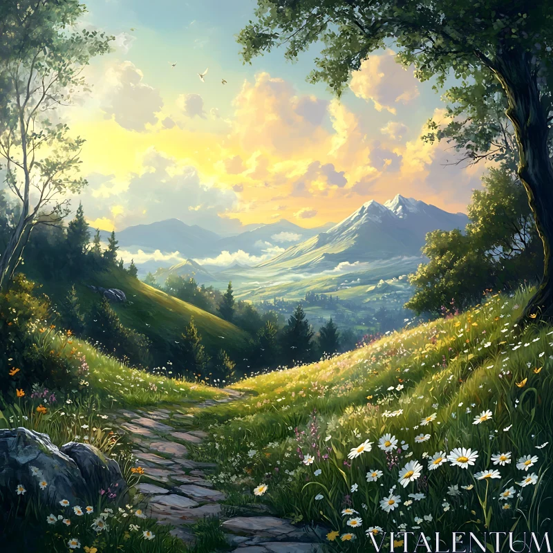 AI ART Scenic Mountain View with Flower Meadow