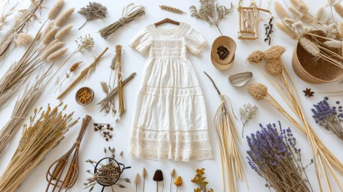 Enchanting White Dress with Dried Flowers and Natural Elements