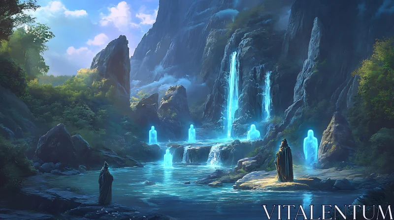 AI ART Tranquil Waterfall and Glowing Figures