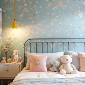 Charming Bedroom Interior with Floral Wallpaper