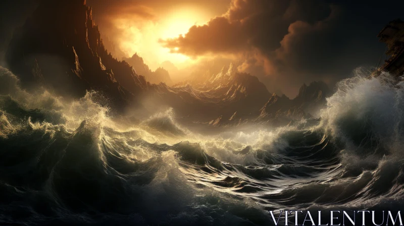 Golden Lit Ocean Waves - An Epic Fantasy Inspired Art AI Image