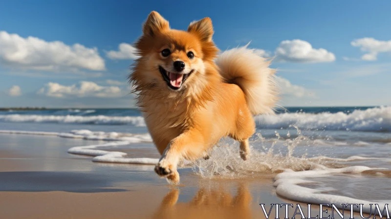 Playful Pomeranian Dog Running on Beach AI Image