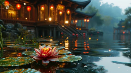 Tranquil Chinese Garden Landscape with Water Lily and Traditional House