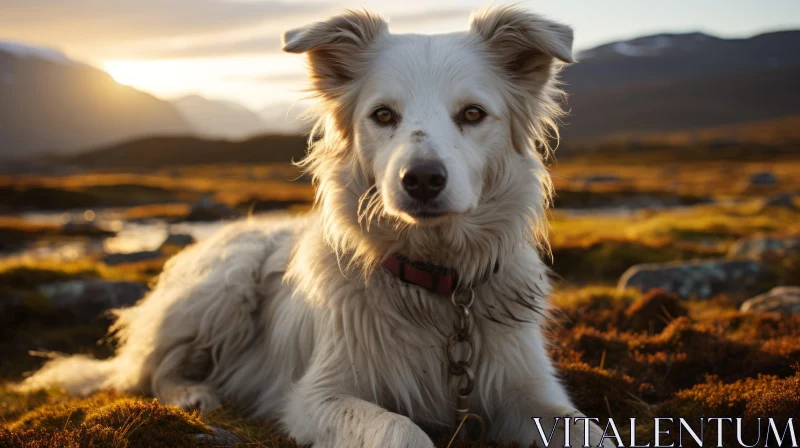 White Dog Resting in Scottish Landscape: A Soft-Lit Portrait AI Image