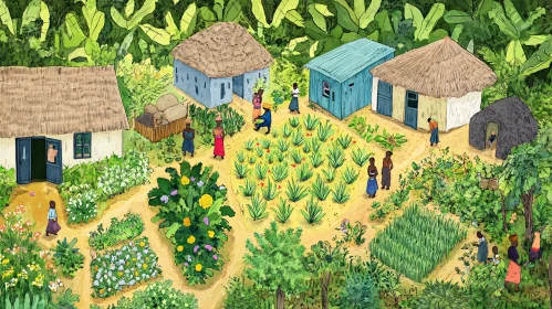 Rural Village Scene with Traditional Houses