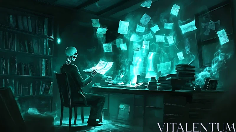 Ghostly Office Scene with Skeleton Figure