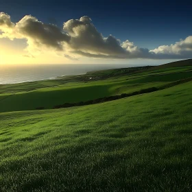 Coastal Green Fields at Sunset
