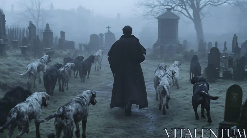 Misty Graveyard Scene with Figure and Dogs