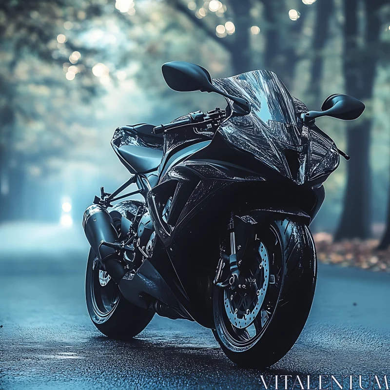 Sleek Motorcycle on a Rainy Day AI Image