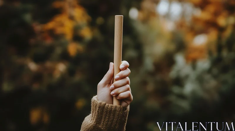 Wooden Stick Held Aloft in Autumn Scene