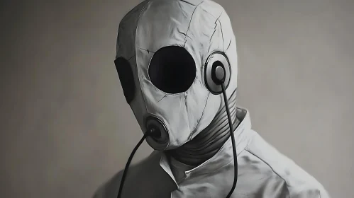 Enigmatic Helm-Wearing Figure in White Attire