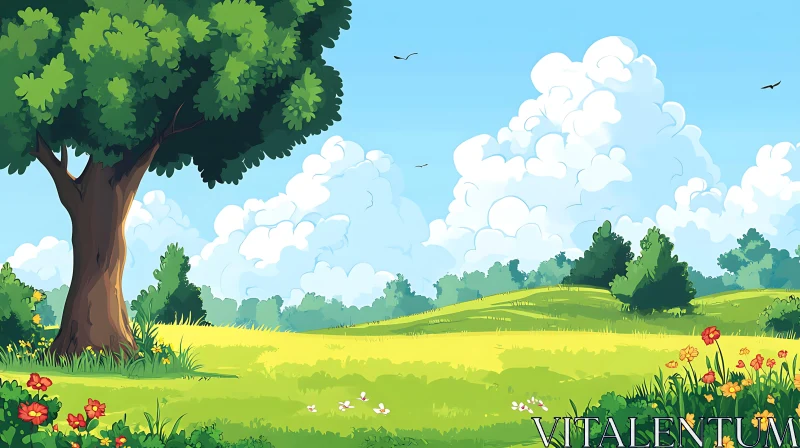Peaceful Cartoon Landscape with Green Field