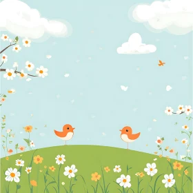 Peaceful Birds on Floral Hill Illustration