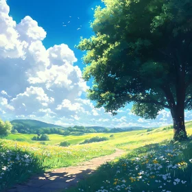 Lush Meadow Landscape with Solitary Tree