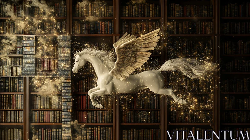 Winged Horse in a Magical Library