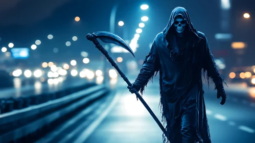 Hooded Figure with Scythe on Road