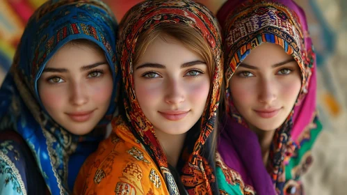 Three Beauties with Colorful Headscarves
