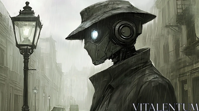 Steampunk Robot in a Rainy City