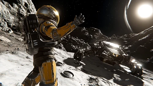Astronaut Waving on Moon Surface