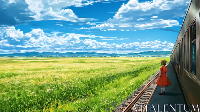 Girl Watching Train on Summer Day AI Image