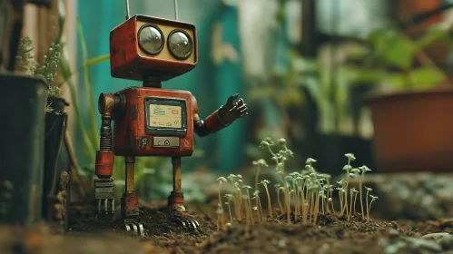 Retro Robot and Seedlings in Garden