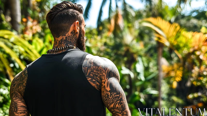 Tattooed Man Surrounded by Nature in Jungle