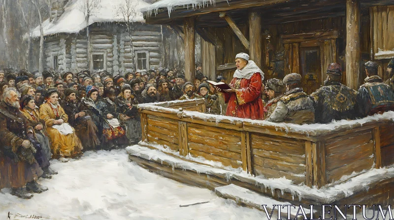 Snowy Congregation Listening to a Reading AI Image